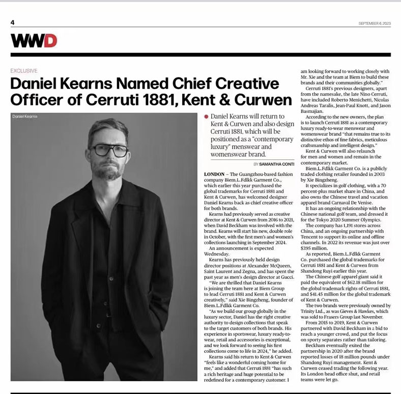 BIEM.L.FDLKK Appoints Daniel Kearns as Chief Creative Officer for Cerruti 1881 and Kent & Curwen